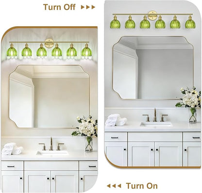 Vintage Bathroom Light Fixtures,6-Light Hardwired Vanity Lights with Green Tulip Glass Shade,Gold Bathroom Vanity Light for Mirror Restroom,E26 Socket,40.55 in(Bulbs Not Included)