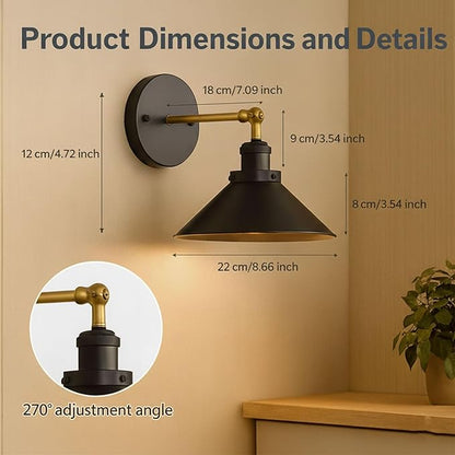 Black Gold Vintage Wireless Battery Operated Wall Sconces — Cordless Battery Powered LED Wall Lights Set of 2, Wall Lamp with Remote, Indoor Wall Lamp Fixture for Gallery, Bedroom, Farmhouse