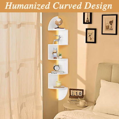 Waipfaru Corner Shelf, 5 Tier Bookshelf with LED Light, Corner Shelf Wall Mounted, Floating Shelves for Wall, Display Stand for Bedroom, Living Room, Bathroom, Home, Office, White