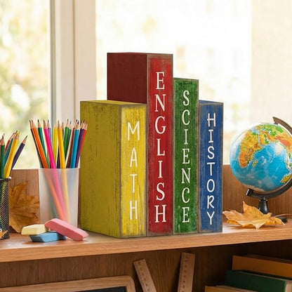4 Pcs Back to School Table Decoration Wooden Subject Decoration Welcome Back to School Tiered Tray Decor Wood Book Sign Farmhouse for Class Party Home Shelf Coffee Table