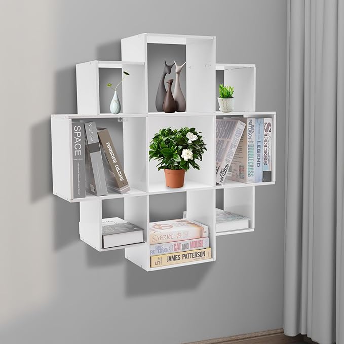 3-Tiers Wall Mounted Geometric Bookshelf, Morden Irregular Nine-Grid Bookshelf, 90cm Tall Decorative Display Shelf (White)