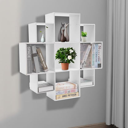 3-Tiers Wall Mounted Geometric Bookshelf, Morden Irregular Nine-Grid Bookshelf, 90cm Tall Decorative Display Shelf (White)