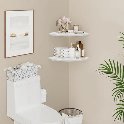 Homode Corner Wall Shelf, 12 in Wide Rounded Corner Shelf Floating, Set of 2 Wooden Hanging Corner Shelves with Wire Hole for Bathroom Living Room Office, White