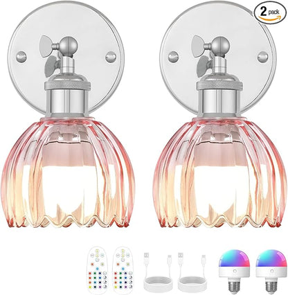 Vintage Battery Operated Wall Sconce, Pink Tulip Glass Lampshade Wireless Rechargeable Battery Powered LED Wall Light with Remote Dimmable for Bedside Bedroom Living Room, Silver, Set of 2