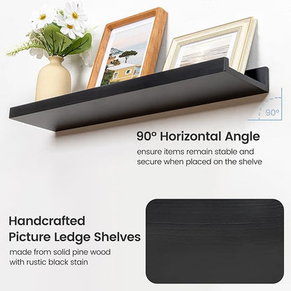 Picture Ledge Wall Shelves 24 inches Width Set of 3, Solid Pine Wood Rustic Floating Ledge Shelves for Kids' Room Bedroom Kitchen Bathroom Living Room Nursery Display Wall Decor, Black