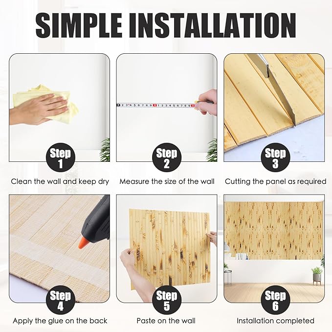 FONUNO Bamboo Wall Panel for Interior Decoration Bamboo Pole Wrap Roll Natural Wainscoting Paneling Decorative Wall Slat Covering for Living Room, Bedroom, Office (48 Inch x 96 Inch, Light Burned)