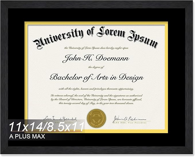 A PLUS MAX 11x14 Diploma Frame Display 8.5 x 11 Certificate with Black & Gold Mat, Engineered Wood Document Frame with Black Wood Grain for Masters Associates Bachelor Degree - 1 Pack
