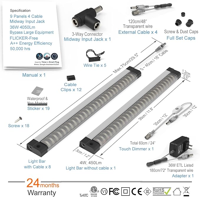 EBD LED Under Cabinet Lighting for Kitchen Built-in Adjustable Cable & Mid Input Jack Bookshelf Plug in Light bar 9 Pcs 4050 Lm 3000K Ultra Bright for Timer Smart Plug Alexa Google Assistant & Siri