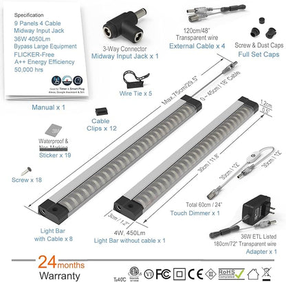 EBD LED Under Cabinet Lighting for Kitchen Built-in Adjustable Cable & Mid Input Jack Bookshelf Plug in Light bar 9 Pcs 4050 Lm 3000K Ultra Bright for Timer Smart Plug Alexa Google Assistant & Siri