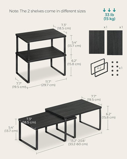 SONGMICS Cabinet Organizer Shelf, Set of 2 Kitchen Counter Shelves, Kitchen Storage, Spice Rack, Stackable, Expandable, Metal and Engineered Wood, Ink Black and Charcoal Black UKCS02B01 (Pack of 2)