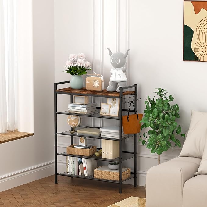 Refrze Shoe Rack for Front Door Entrance, 5 Tier Height-Adjustable Metal Shoe Rack, Sturdy Wooden Top and Tiltable Steel Frame Heavy Duty Shoe Organizer for Bathroom,Bedroom,Kitchen，Include Hook