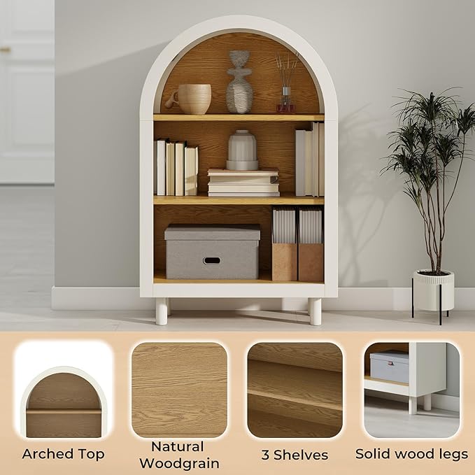 3-Tier Arched Bookcase,Modern Low Short Bookshelf,Small Wood Open Display Shelf,Arched Storage Cabinet for Living Room,Bedroom,Home Office,White