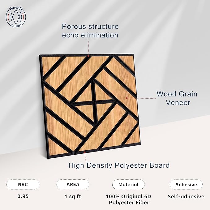 WoveN SounD Artisan Acoustic Wall Panels, 16 Pack 12x12 Inch, Wood Veneer Carved Sound Proof Wall Decor, Self-Adhesive for Home, Studio, Office & Focus Zones, Grid Weave, Natural Oak