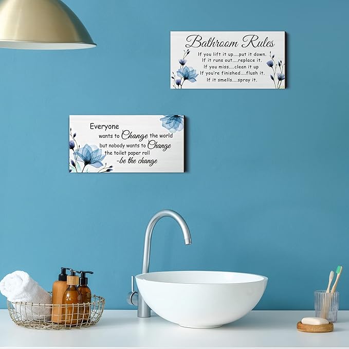 Jetec 2 Pieces Funny Bathroom Signs Bathroom Wall Decor Toilet Wall Accessories Farmhouse Toilet Rustic Wooden Signs, 12x6 Inch(Blue Floral)