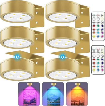 RGB Picture Light Battery Operated Painting Lights for Wall Wireless Magnetic Display Art Light with Remote Controls,Dimmable&Timer for Art Frame Artworking,6Pack Gold
