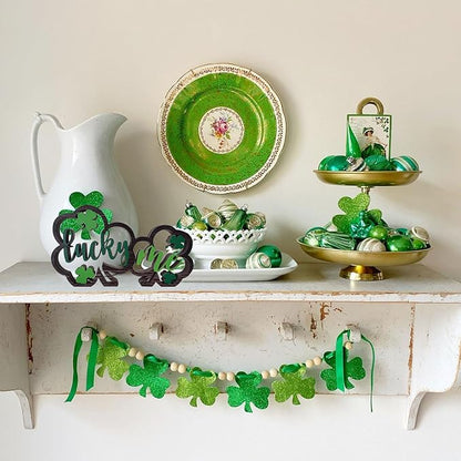 Wooden Shamrock Centerpiece Lucky Me Table Decorations St. Patrick's Day Tiered Tray Decor Farmhouse Home Office Coffee Bar Kitchen Table Decor