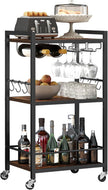 TUTOTAK Bar Cart, Home Bar Serving Cart, Microwave Cart, Drink Cart, Mobile Kitchen Shelf with Wine Rack and Glass Holder, Rolling Beverage Cart for Living Room, Kitchen, Brown BC01BB032