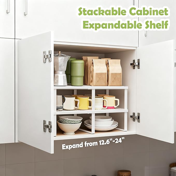 2 Pack Expandable Cabinet Shelves Organizer Width 11'' Stackable Kitchen Counter Storage Shelves,Adjustable Width Pantry Shelf Spice Rack