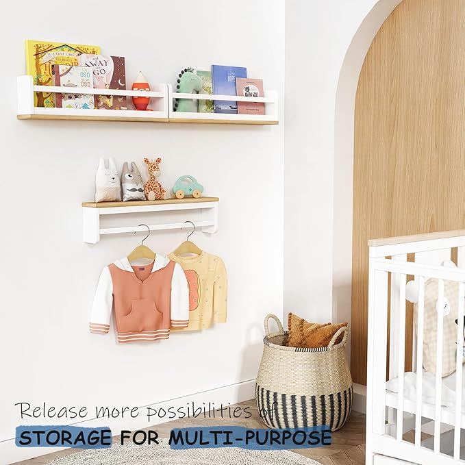 Floating Nursery Book Shelves for Wall, 24 Inch Long Wall Bookshelf for Kids Room, White and Natural Wood Hanging Bookshelves for Baby Toddler Childrens Kids Bedroom Bathroom (Set of 3)