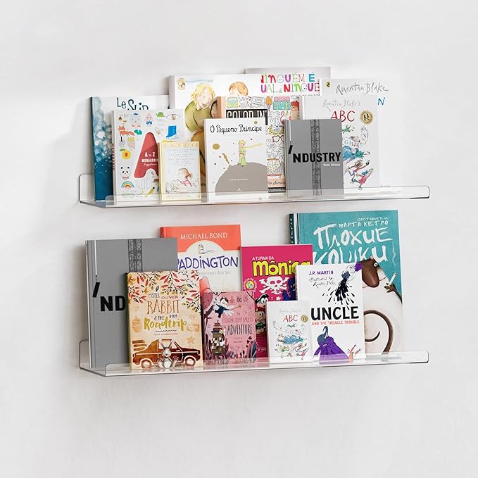 upsimples 2 Pack 23.6x5.5 Inches Acrylic Shelves for Wall Storage, Floating Bookshelves for Kids, Display Shelf Organizer for Bathroom, Bedroom, Living Room, Kitchen, Clear