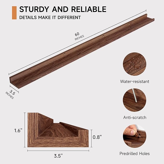 Fun Memories Picture Ledge Shelf, 60 Inch Floating Shelves Set of 2, Large Nursery Book Shelves for Toys Storage, Kids Bookshelf Wall Mounted for Wall Decor Books Photo Frames, Walnut