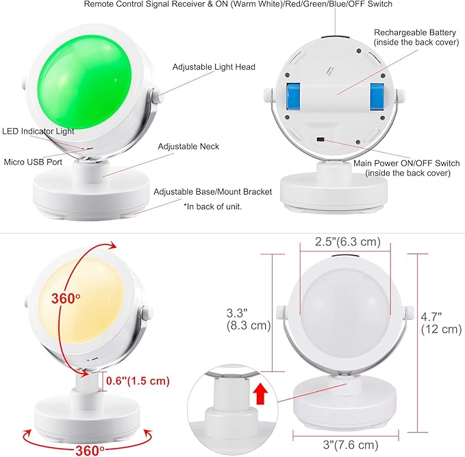 Picture Light Rechargeable, LED Accent Lights Indoor, Cordless Puck Light with Remote, 12 Color Changing 9 LED Spotlights with 360°Rotate Light Head, Stick on Art Lights for Dartboard, Painting