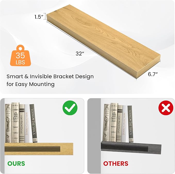 31.5 Inch Floating Shelves for Wall, Wooden Wall Mounted Display Shelves with Invisible Brackets for Living Room, Bedroom, Bathroom, Kitchen Decor and Storage, Set of 2, Oak