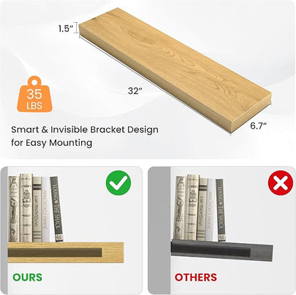 31.5 Inch Floating Shelves for Wall, Wooden Wall Mounted Display Shelves with Invisible Brackets for Living Room, Bedroom, Bathroom, Kitchen Decor and Storage, Set of 2, Oak