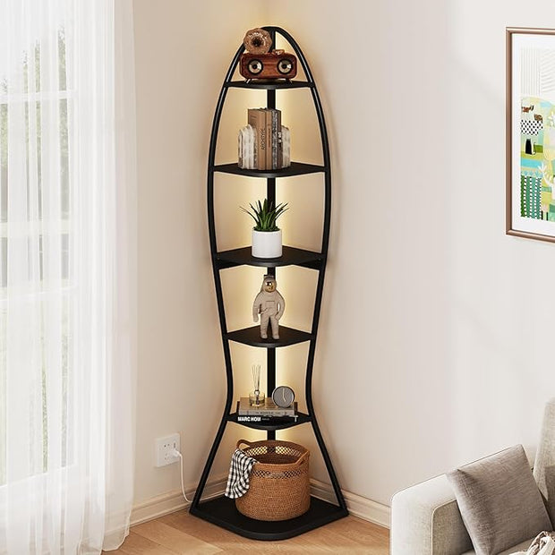 Artistic Fish-Inspired Corner Shelf with LED Lights, 6-Tier Tall Corner Bookshelf with Multi-Depth Display, Space-Saving Storage Unit with Remote Control for Bedroom & Living Room