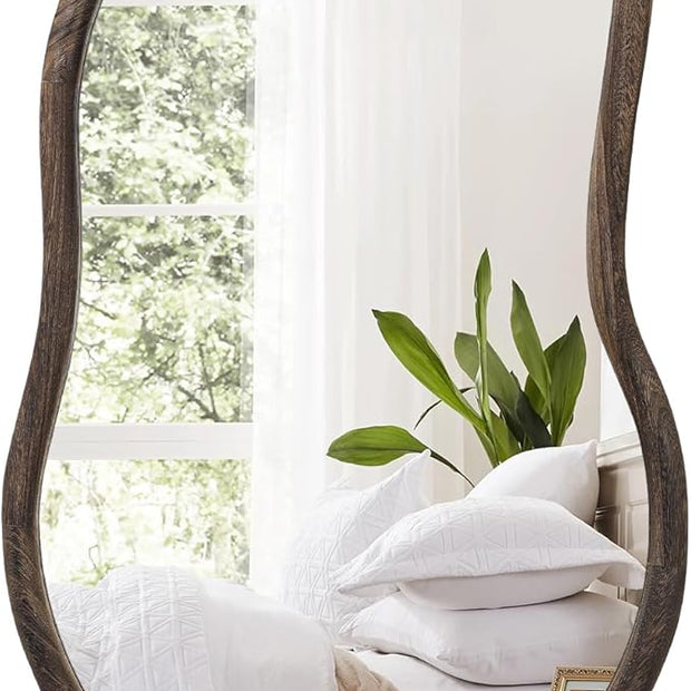 Asymmetrical Wall Mirror Rustic Brown Farmhouse Irregular Mirrors Wood Framed Mirror for Wall Wall Mirrors Decorative Hanging Mirrors for Wall Living Room Bedroom Entryway