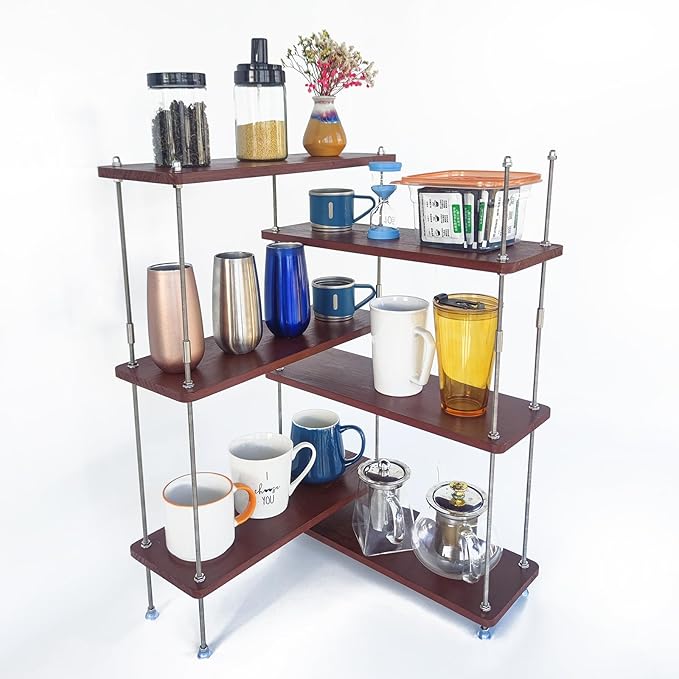 VINIUSIKI Adjustable 6 Tier L-Shaped Countertop Shelf Organizer, Kitchen Spice Rack for Countertop, Wood Coffee Counter Shelf Organizer for Home - 15.7"x15.7"x24.01" (LxWxH), Auburn