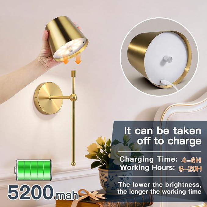 Battery Operated Wall Sconces Set of 2, Wireless Wall Sconce with Remote Dimmable Timer, Rechargeable 5200mAh, Cordless Gold Wall Light for Bedroom Living Room, Hallway, Light Decor