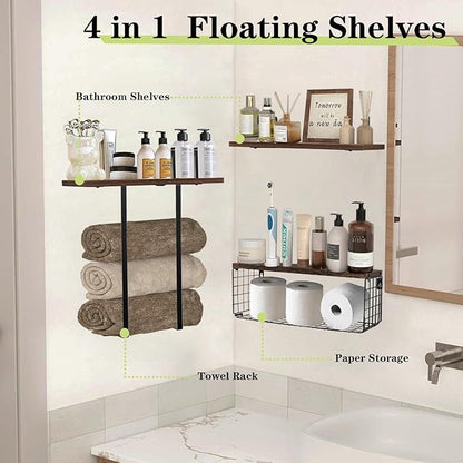 Floating Shelves Over Toilet, Wall Mounted Bathroom Organizer Shelf with Storage Basket for Toilet Paper, Wood Wall Shelves with Towel Rack for Bathroom Bedroom(Dark Brown, Set of 4, 16 in)