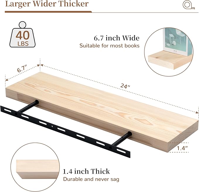 Marsmiles Natural Wood Floating Shelves | 24 Inch Unfinished Wood Wall Shelves Set of 2 | 24