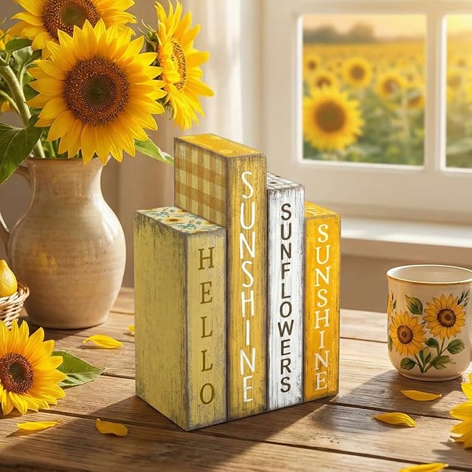 4 Pcs Summer Table Decoration Wooden Book Sunflower Decoration Yellow and White Summer Tiered Tray Decor Wood Book Sign Farmhouse for Home Shelf Coffee Table