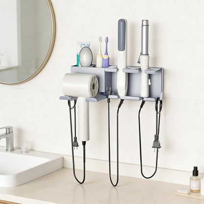 Blow Dryer Holder, 2 Installation Methods (Adhesive & Screws) Hair Dryer Holder Wall Mounted, Metal Hair Tool Organizer for Curling Iron, Straightener, Bathroom Wall Organizer, Gray