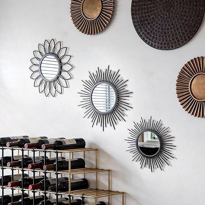 Set of 3 Black Metal Sunburst Wall Mirrors - 12