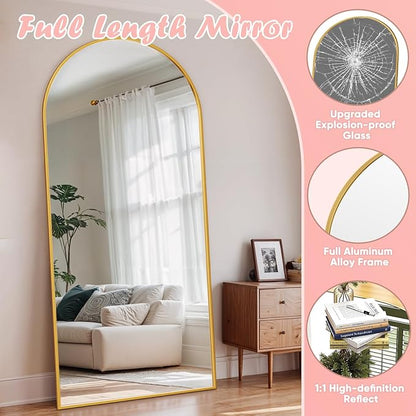 Full Length Mirror, 76" x 34" Arched Full Body Mirror Large Standing Floor Mirrors, Mirrors for Bedroom, Bathroom, Living Room Standing or Wall Leaning, Gold