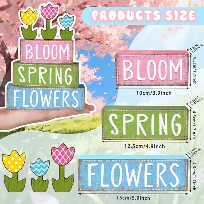 DIYDEC 6Pcs Spring Tabletop Decorations Colorful Tulip Wooden Block Signs Rustic Pastel Flower Tiered Tray Decor Spring Centerpiece Farmhouse Wood Tulip Table Sign for Kitchen Home Office Party Decor