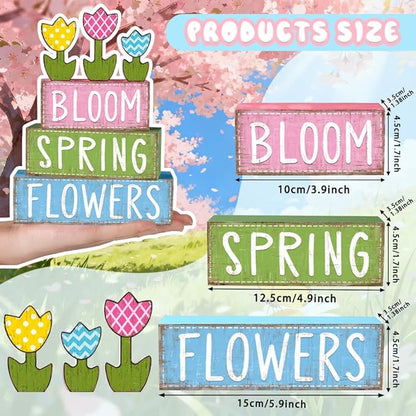 DIYDEC 6Pcs Spring Tabletop Decorations Colorful Tulip Wooden Block Signs Rustic Pastel Flower Tiered Tray Decor Spring Centerpiece Farmhouse Wood Tulip Table Sign for Kitchen Home Office Party Decor