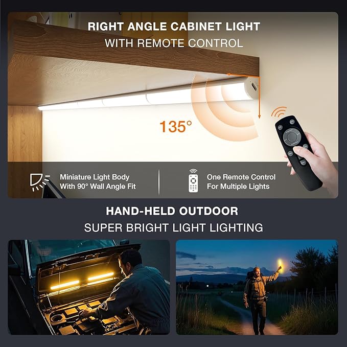 Under Cabinet Lighting Wireless with Remote,Rechargeable Battery Operated Closet Lights,3 Color Magnetic Dimmable led Strip Lights,Under Counter Lights for Kitchen,Shelf,Bedroom (White-2PCS, 20cm)
