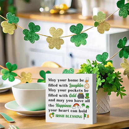 St Patricks Day Decor Irish Blessing Decorations Laughter Gold Happiness Rustic Wood Sign Home Tabletop Shelf Desk Decor St Patrick's Day Decorations 5 X 5 Inches