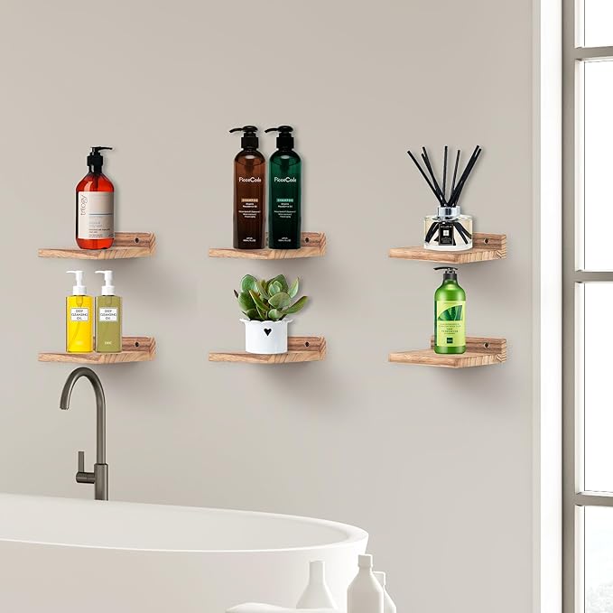 Small Floating Shelf, 5x6 Inch Display Ledges for Wall,Mini Shelves,Rustic Wood Shelf for Bedroom Living Room Bathroom Kitchen (6, Carbonized Black)