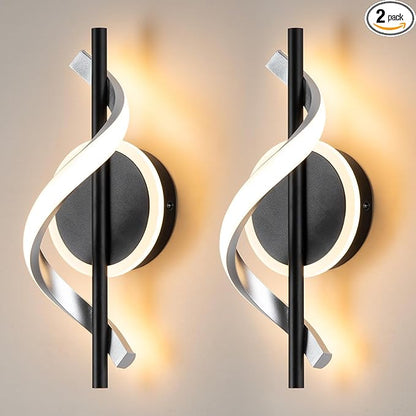 Black Wall Sconces Sets of 2, 12W Modern Spiral LED Wall Lamp, 3000K Warm White Wall Light Fixture for Stairs Living Room Bedroom Aisle Hallway