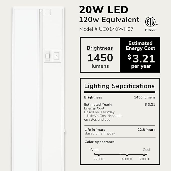 LAGOM Halo Under Cabinet Light, 40‑Inch Hardwired Dimmable LED, 2700K/4000K/5000K, Power Cord Sold Separately, White, UC0140WH27