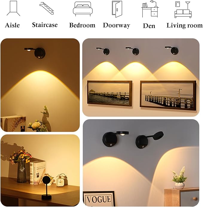 Wireless Picture Light Battery Operated, 4 Pack 2200mAH Rechargeable Painting Light with Motion Sensor and Rotatable Tube, Art Display Light for Picture Frame (Black)
