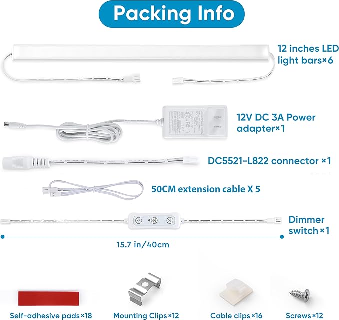 Litever Under Cabinet Lights Plug in, 6 pcs 12 Inches LED Light Strips. Super Bright Dimmable Extendable for Kitchen Counter Top Shelf Workbench Closet Display Bookshelf Lighting. Cool White 4000K