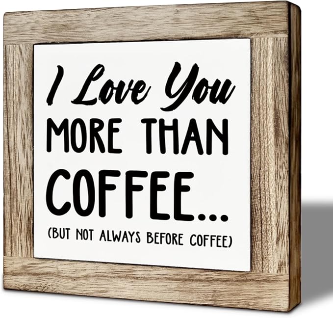 Coffee Bar Decor, I Love You More Than Coffee, Rustic Wooden Block Sign Decor, Home Office Tabletop Shelf Decoration, Wood Box Signs for Kitchen Cafe Bar 5.9×5.9 inch