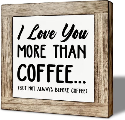 Coffee Bar Decor, I Love You More Than Coffee, Rustic Wooden Block Sign Decor, Home Office Tabletop Shelf Decoration, Wood Box Signs for Kitchen Cafe Bar 5.9×5.9 inch