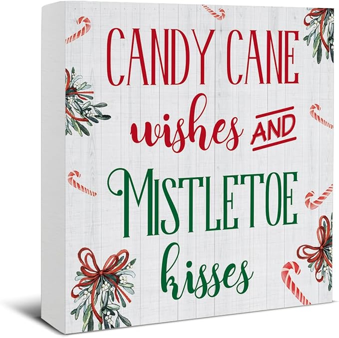 Funny Christmas Decor, Indoor Christmas Decorations, Candy Cane Wishes and Mistletoe Kisses Wooden Sign Rustic Home Shelf Desk Decor 5 x 5 Inches